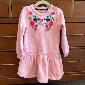 Mini Boden Girls Pink Bird Embroidered Jersey Dress Appliqué Pockets 3/4